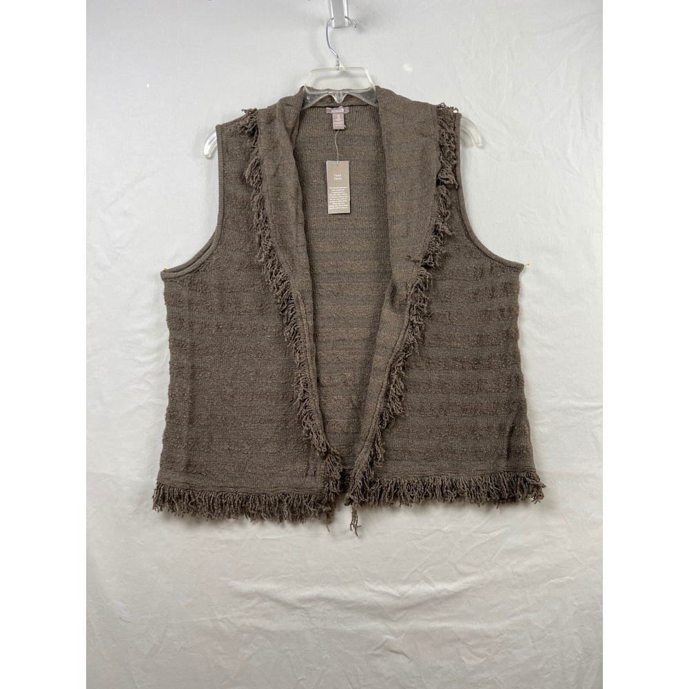 Chicos Borealis Fringe Vest Women 3 US XL Texas Taupe Knit Open Front Sleeveless